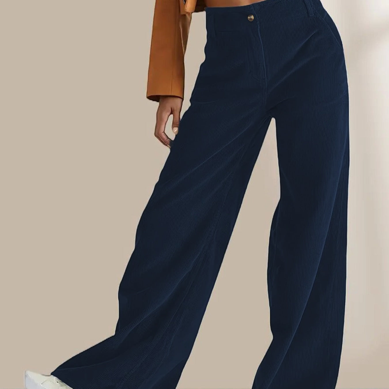 Pantalon femme droit en velours côtelé – taille haute – coupe décontractée – long