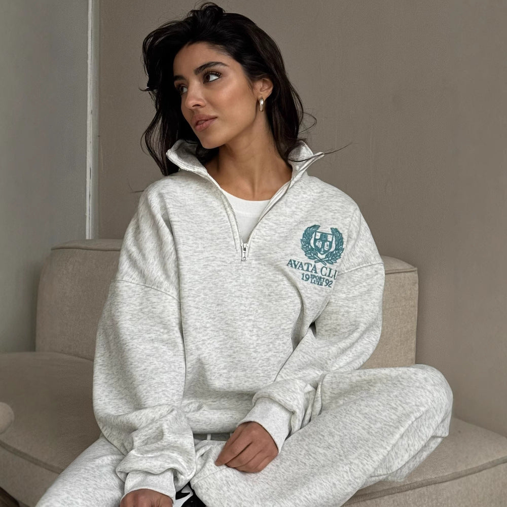 Sweatshirt zippé femme – Coton doux – Coupe oversize – Broderie frontale