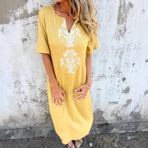 Women's midi dress – Natural fibers – Straight cut – Short sleeves – Front embroidery