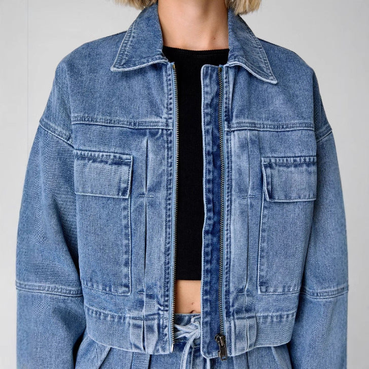 Veste en jean femme – Coupe oversize – Court – Poches poitrine – Fermeture zippée