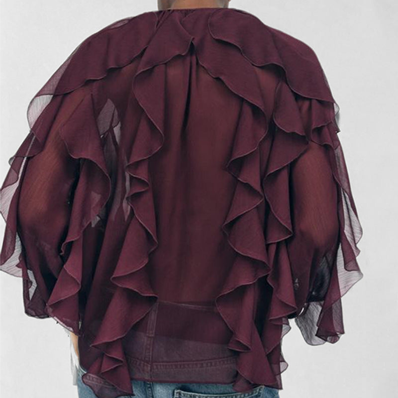 Blouse femme – Tissu léger – Coupe ample – Volants superposés – Col en V – Boutonnée