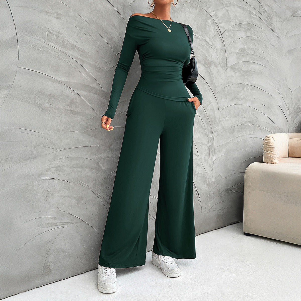 Ensemble femme – Haut ajusté manches longues – Pantalon large taille haute fluide