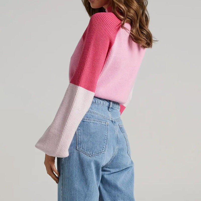Pull femme – Coupe oversize – Tricot doux – Col montant – Manches évasées – Color block