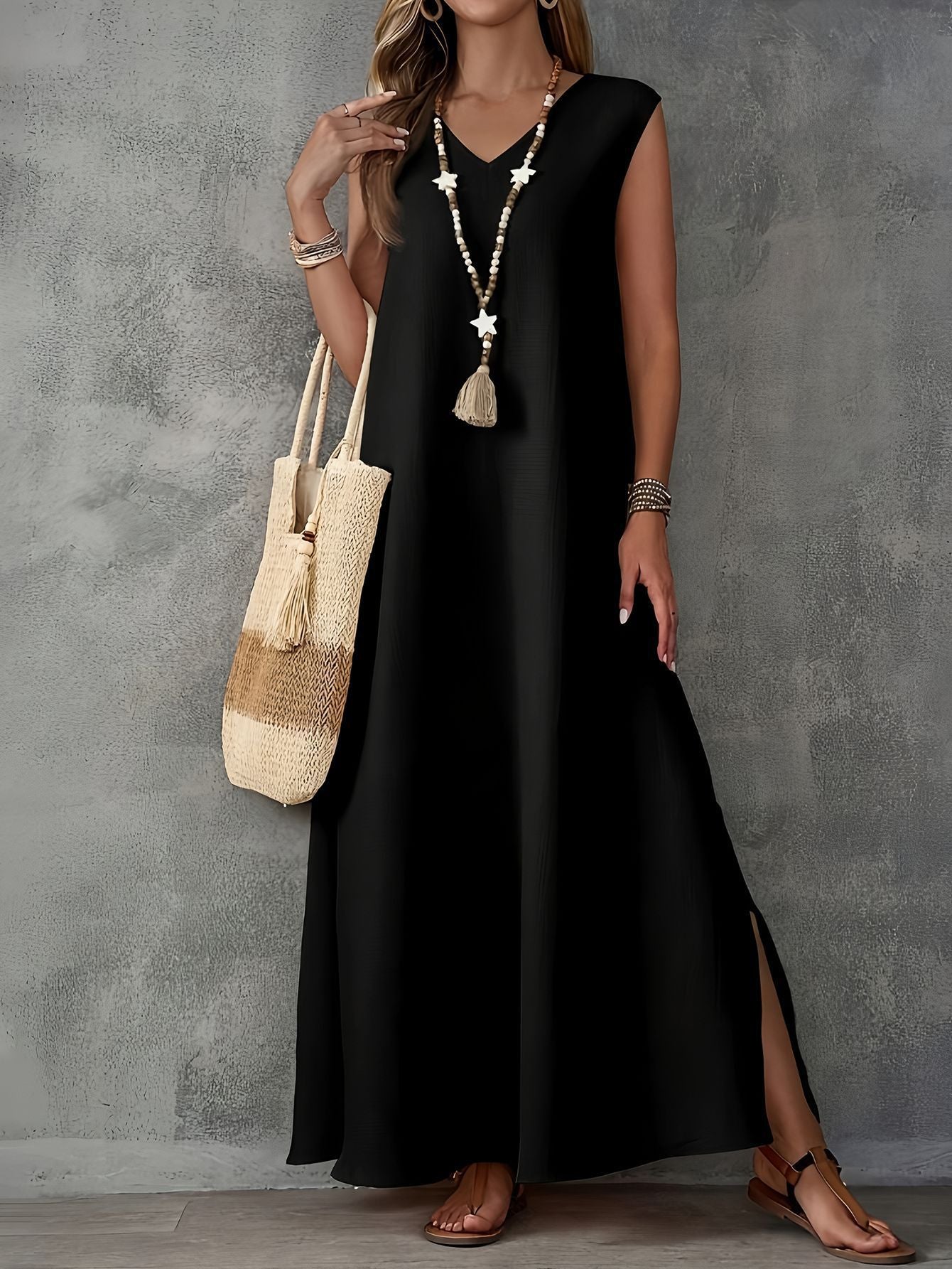 Robe longue femme – Coupe fluide – Col en V – Sans manches – Fentes latérales – Coton