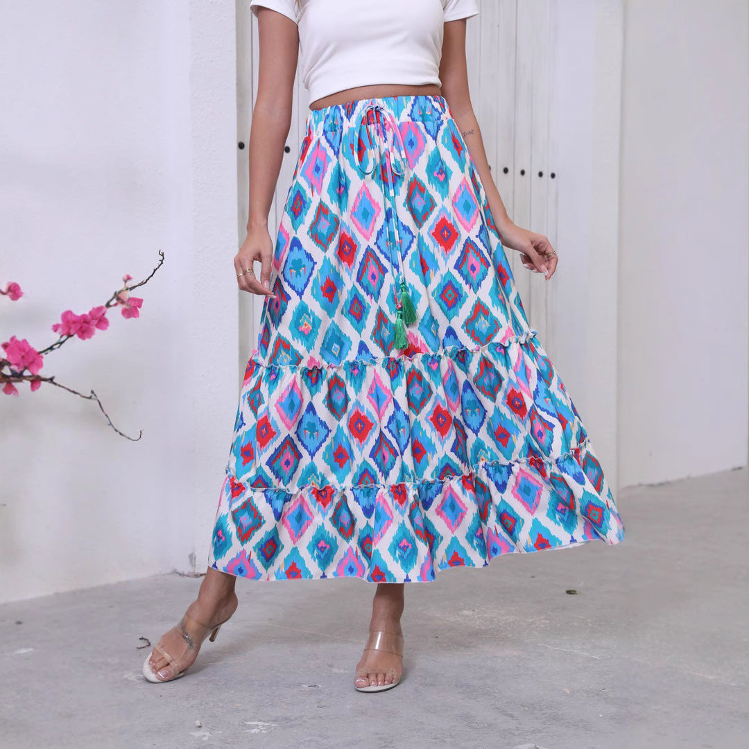 Women's long skirt – Bohemian style with ruffles – Tie waist – Flowing cotton fabric