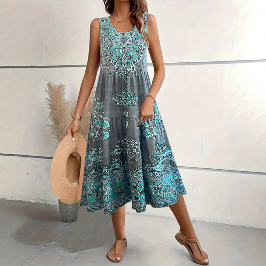 Women's midi dress – Flared cut – Sleeveless – U-neck – Floral print – Cotton
