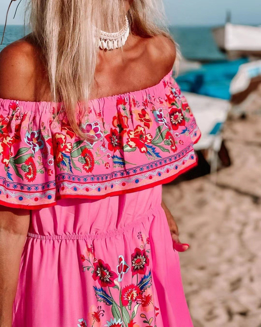 Women's long dress – Off-shoulder – Ruffles – Floral print – Ruffled skirt – Belted