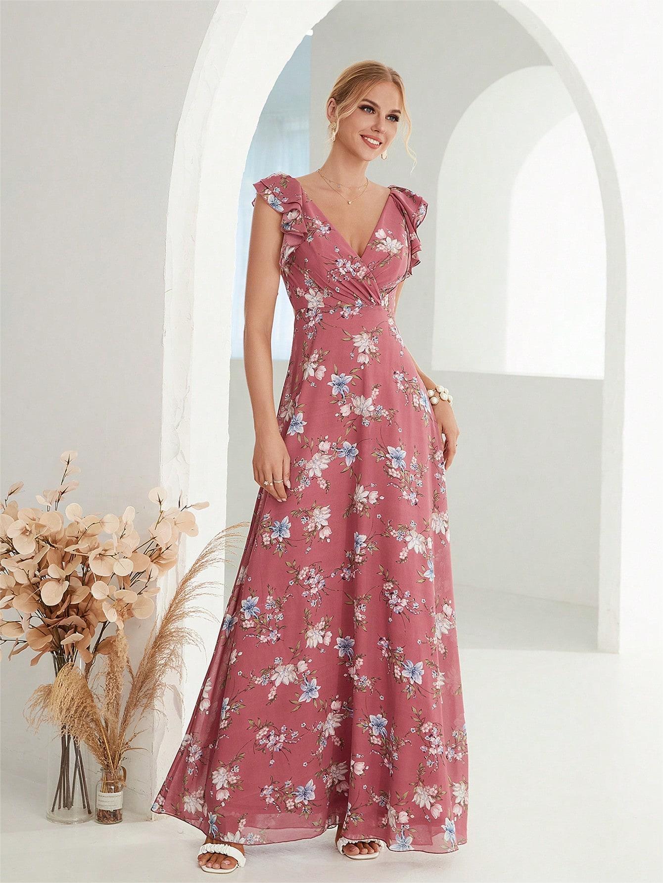 Robe longue femme – Décolleté cache-cœur – Détail volanté – Imprimé floral fluide