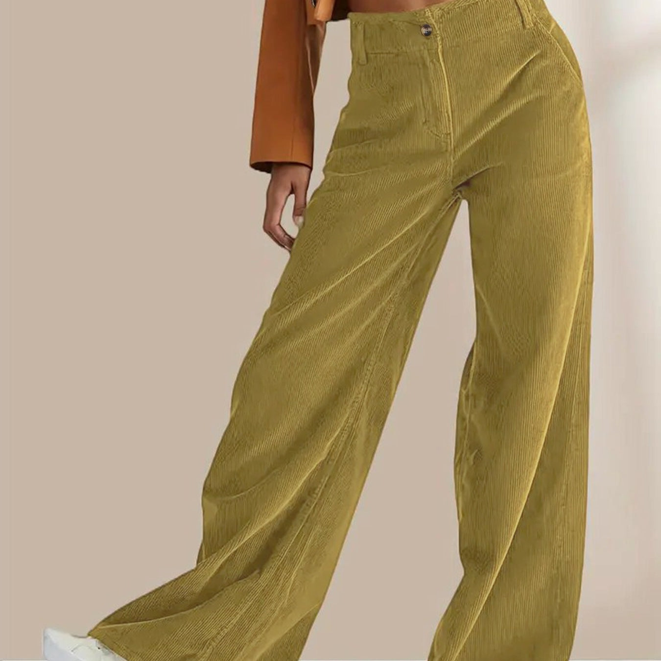 Pantalon femme droit en velours côtelé – taille haute – coupe décontractée – long