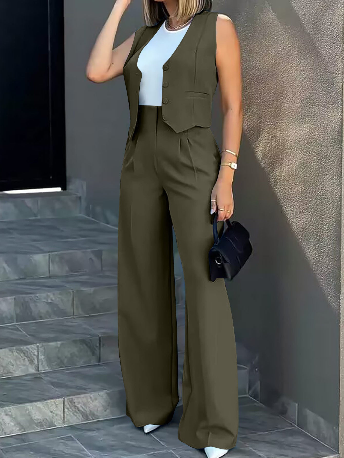 Women's Set Vest and Pants – Tailored Cut – High Waist – Wide Leg