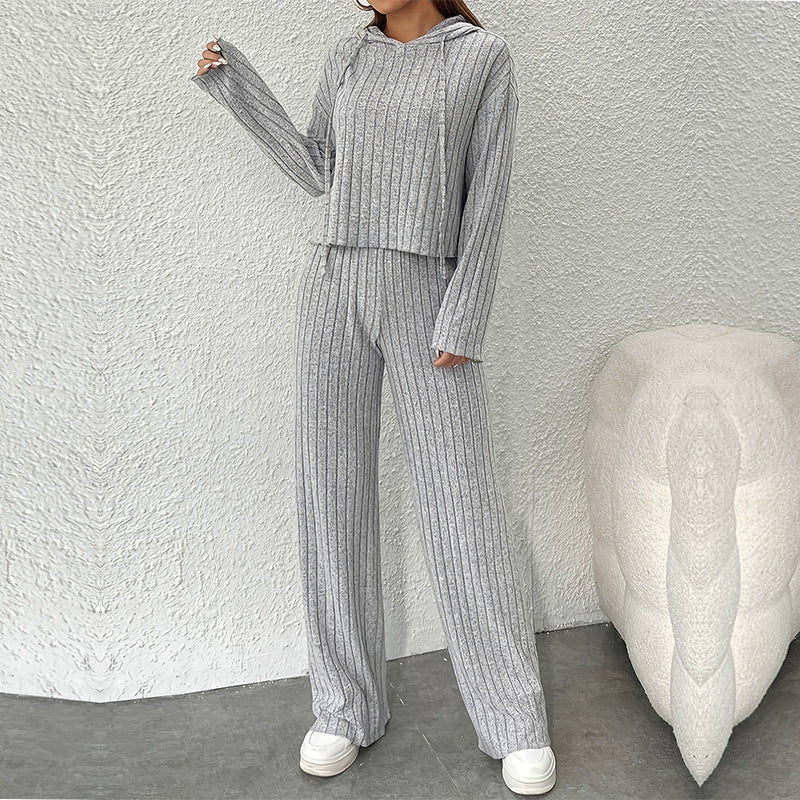 Women's lounge set – Ribbed knit – Loose fit – Wide-leg pants – Hood