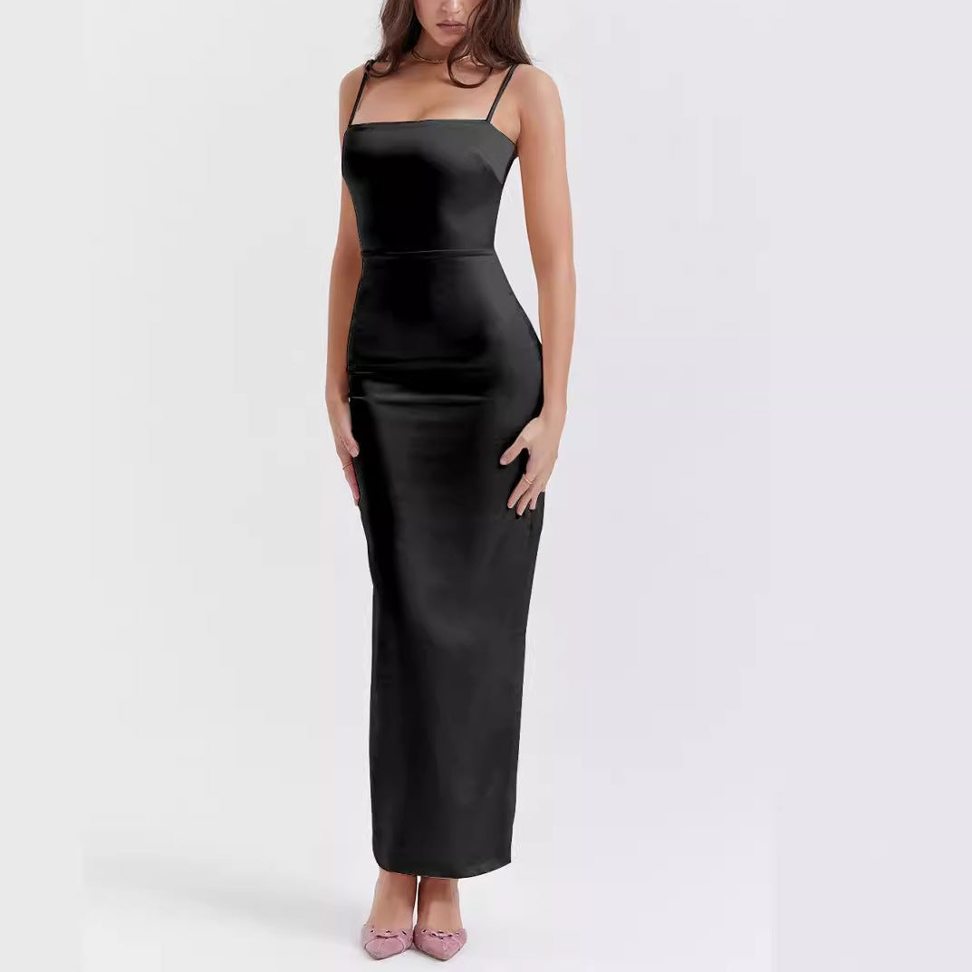 Long women's dress – Luxurious fabric – Fitted cut – Thin straps sleeveless