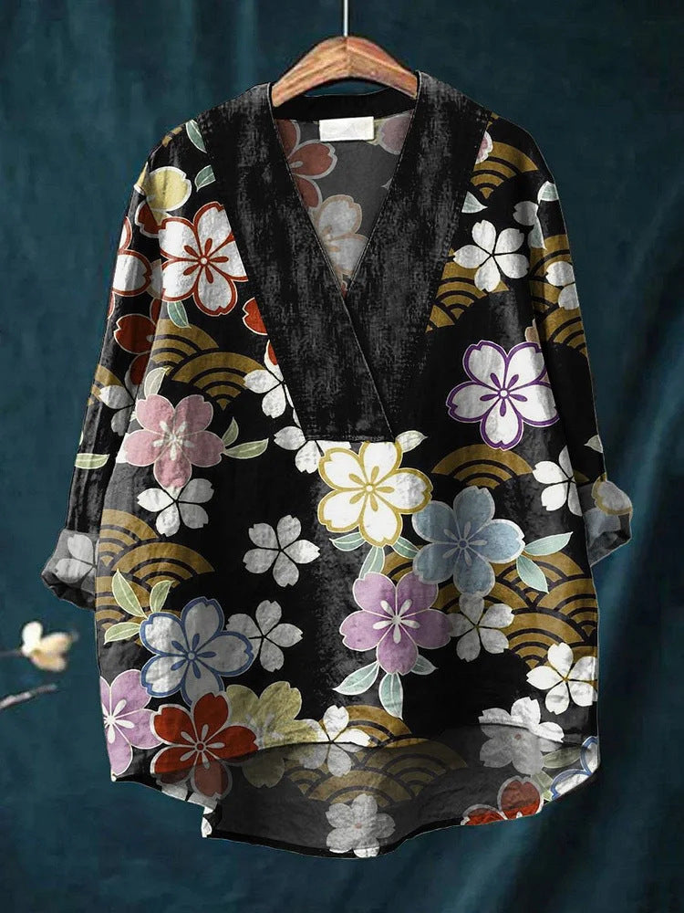 Women's long-sleeve shirt – Relaxed fit – V-neck – Graphic print
