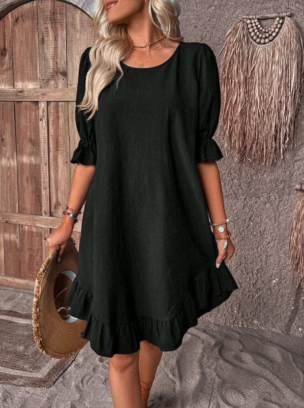 Women's midi dress – Loose fit – Ruffled sleeves - Flowing hem – Breathable fabric