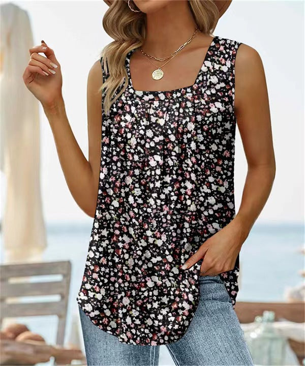Women's Tank Top – Relaxed Fit – Square Neck – Floral Print – Breathable Fabric