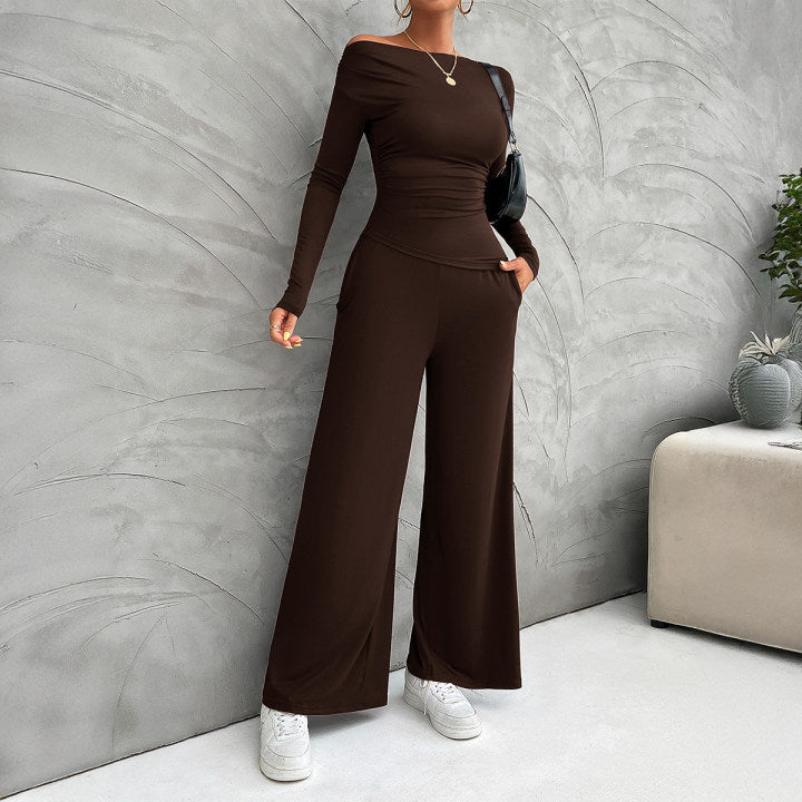 Ensemble femme – Haut ajusté manches longues – Pantalon large taille haute fluide