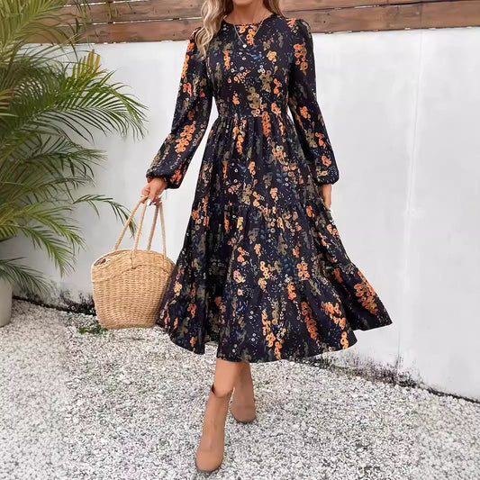Women's midi dress – Long sleeves – Floral print – Flowing cut – Breathable fabric