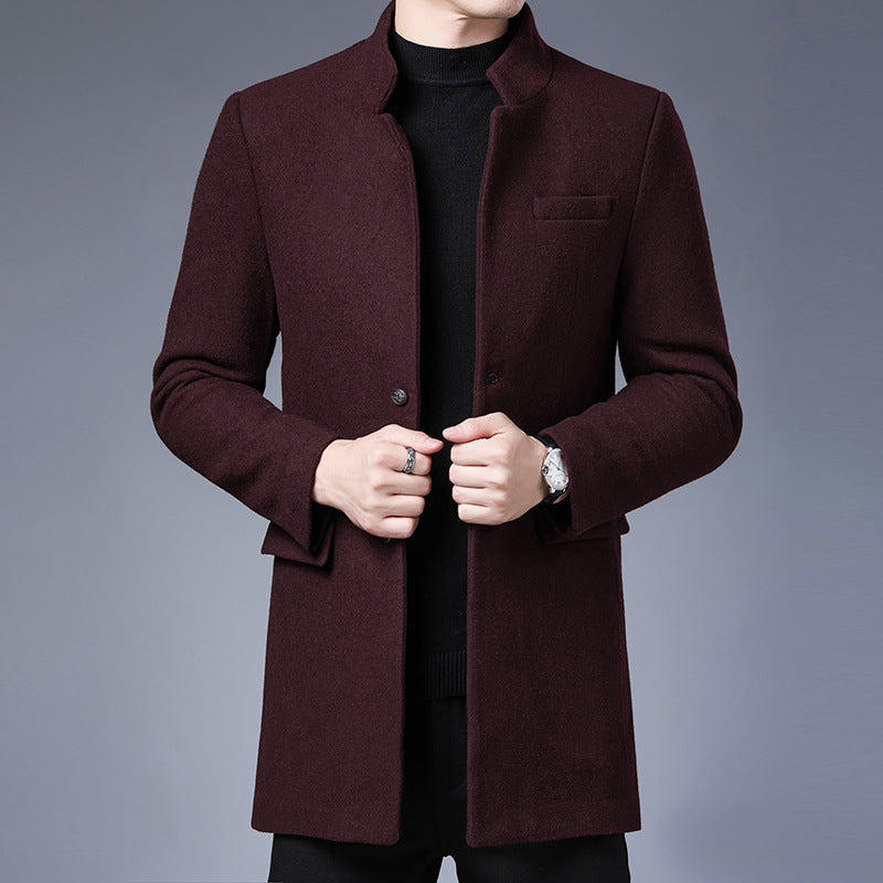 Mid-length men's coat – Slim fit – Wool effect – Stand collar – Dressy style