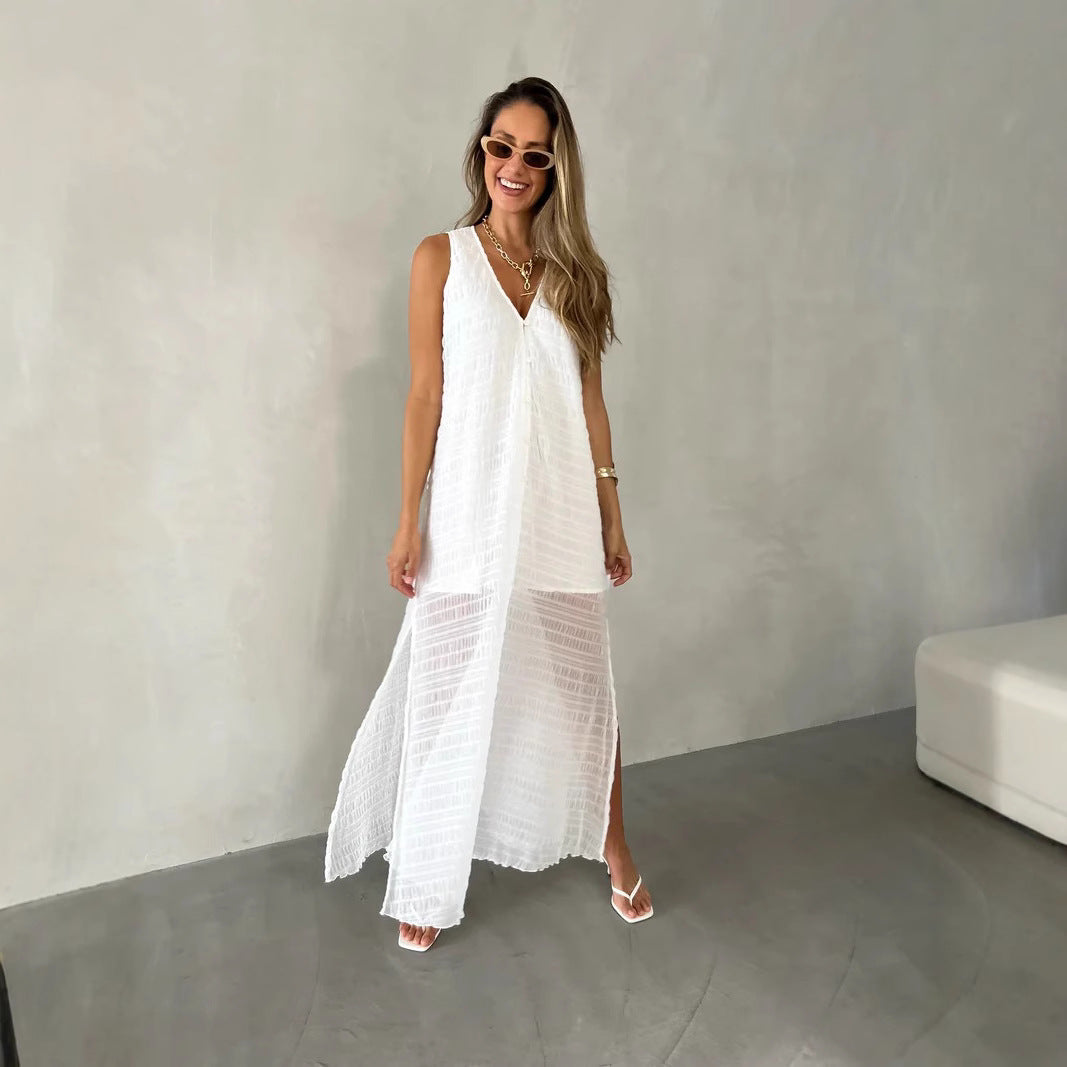 Robe longue femme – Dentelle ajourée – Sans manches – Coupe fluide – Décolleté en V