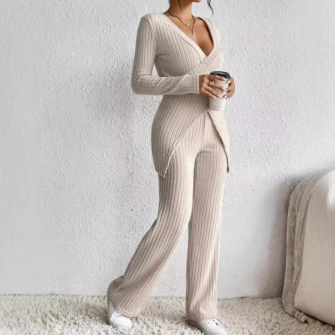 Ensemble Femme – Maille Côtelée – Haut Cache-Cœur Manches Longues – Pantalon Droit