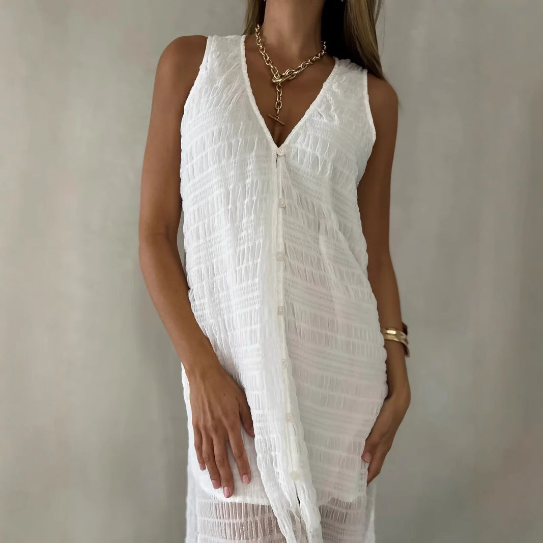 Robe longue femme – Dentelle ajourée – Sans manches – Coupe fluide – Décolleté en V