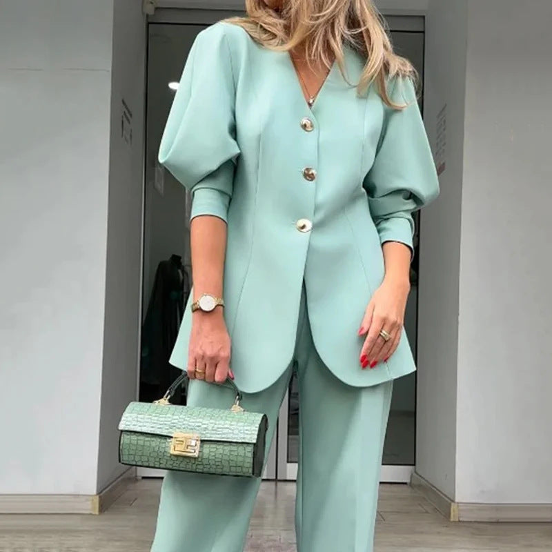 Women's Set Blazer and Pants – Straight Cut – Puffed Sleeves – Structured Fabric