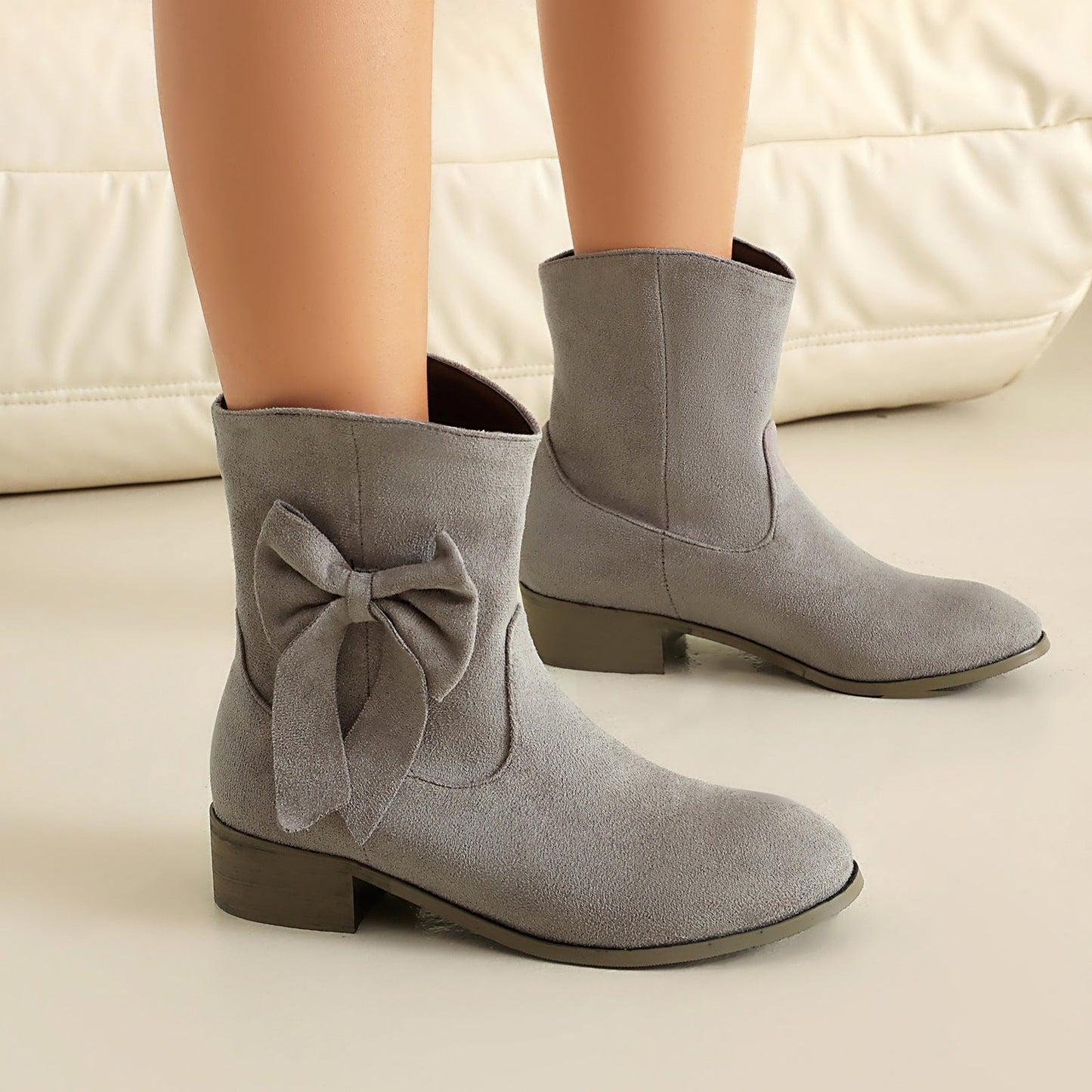 Bottines femme – Confort décontracté – Finition douce – Nœud décoratif – Talon bas