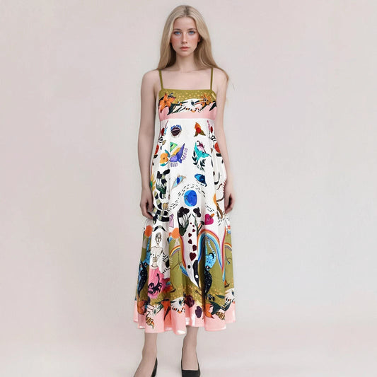 Women's long dress – Strapless – High-waisted – Fluid satin abstract print