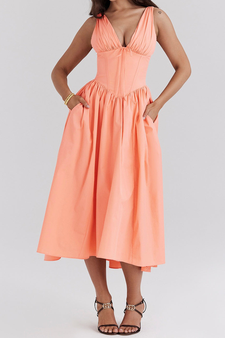 Robe femme sans manches – Décolleté en V – Coupe évasée – Imprimé fleuri – Longueur midi
