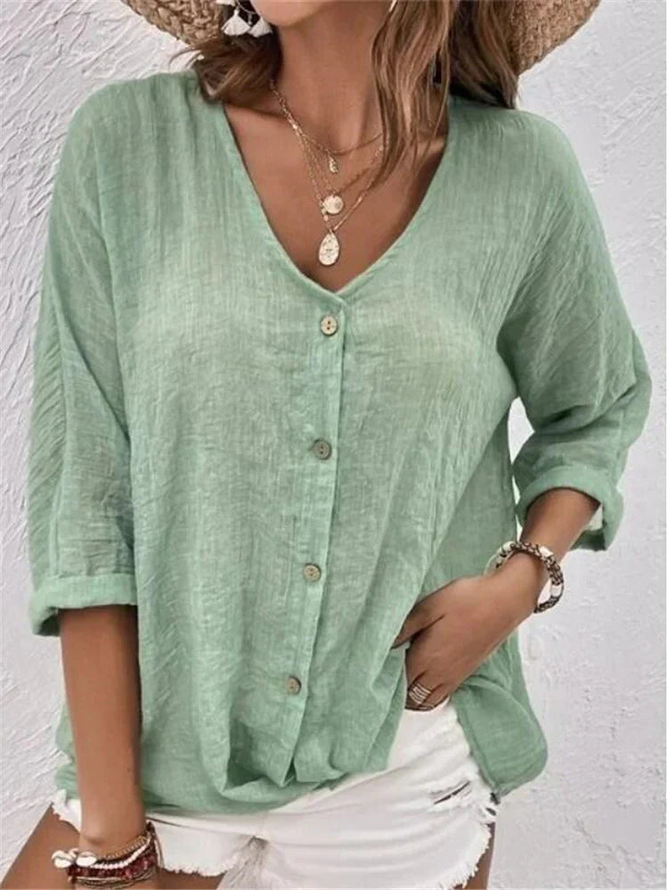 Women's blouse – Linen – Relaxed fit – V-neck – Buttoned 3/4 sleeves