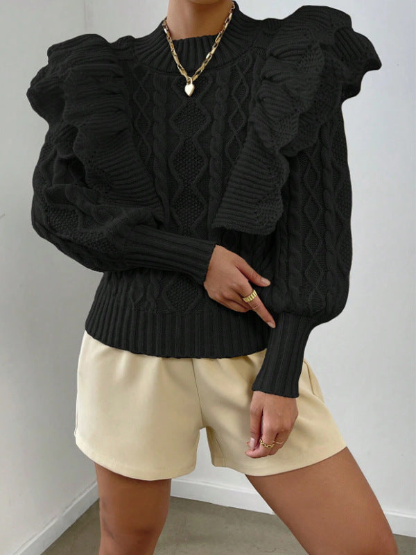 Pull femme – Coupe courte – Manches longues – Épaules à volants
