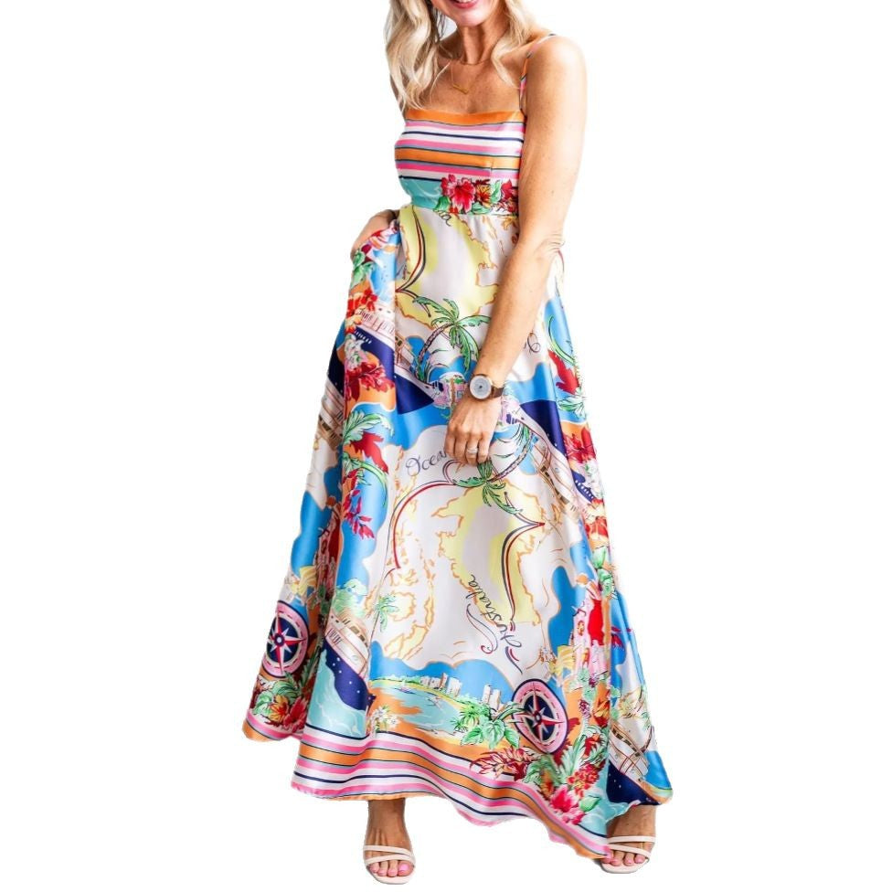 Robe longue femme – Coupe fluide – Taille haute – Bretelles fines – Imprimé élégant