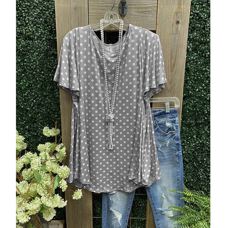 Women's Tunic – Loose Fit – Short Sleeves – Polka Dot Pattern – Lightweight Breathable Fabric