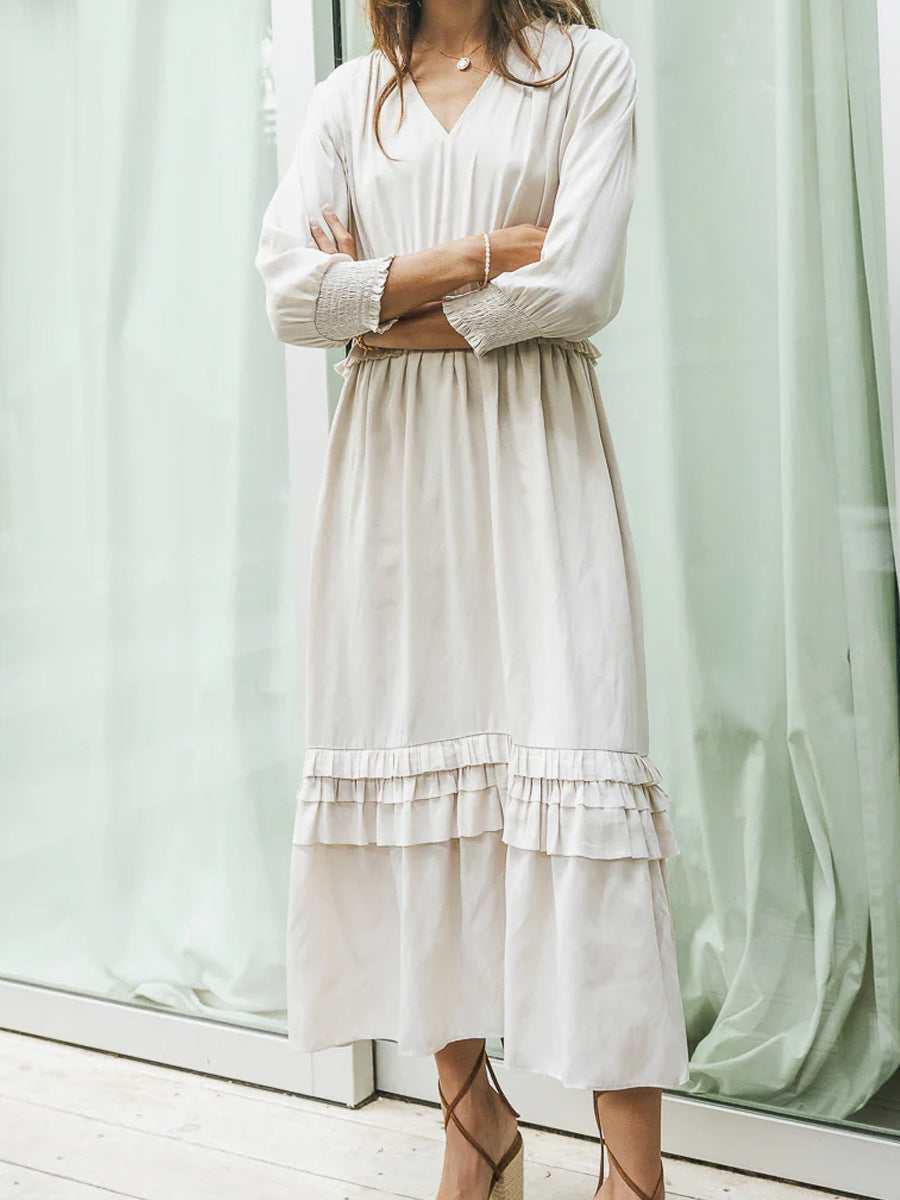Robe midi femme – Coupe décontractée – Col en V – Volants – Manches longues