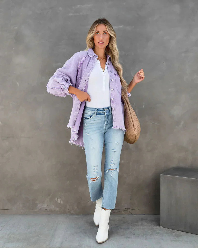 Women's overshirt jacket – Loose fit – Worn effect – Patch pockets – Front buttons