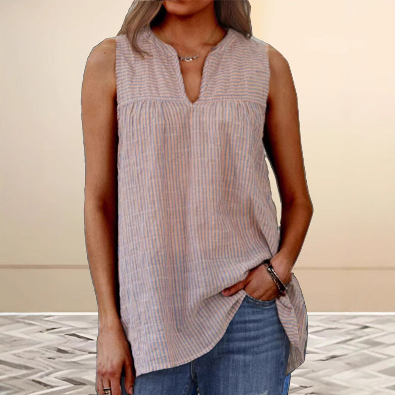 Women's sleeveless tunic – Loose fit – Breathable natural fibres – Striped