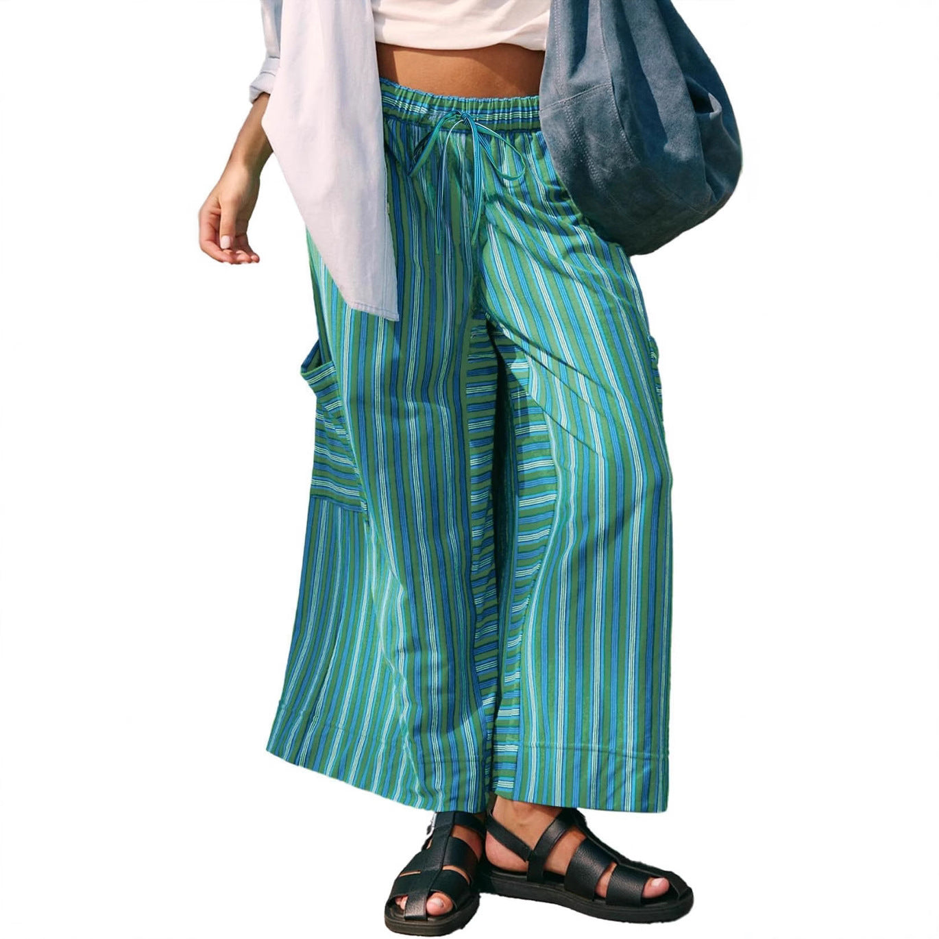 Wide women's pants – Relaxed fit – Breathable fabric – Vertical stripes