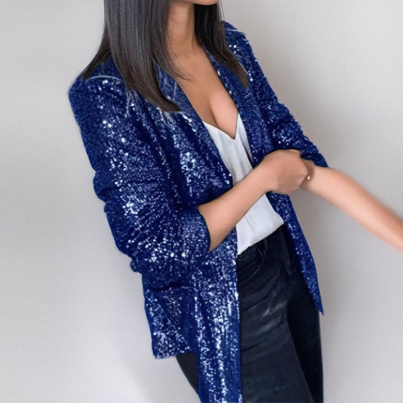 Blazer femme – Coupe cintrée – Sequins brillants – Manches longues – Sans fermeture