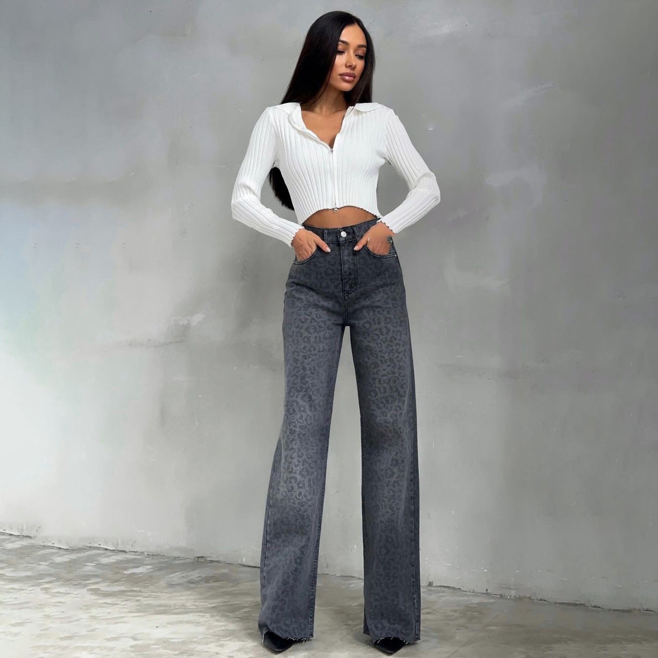 Jean femme – Taille haute – Coupe droite – Imprimé tendance – Denim stretch