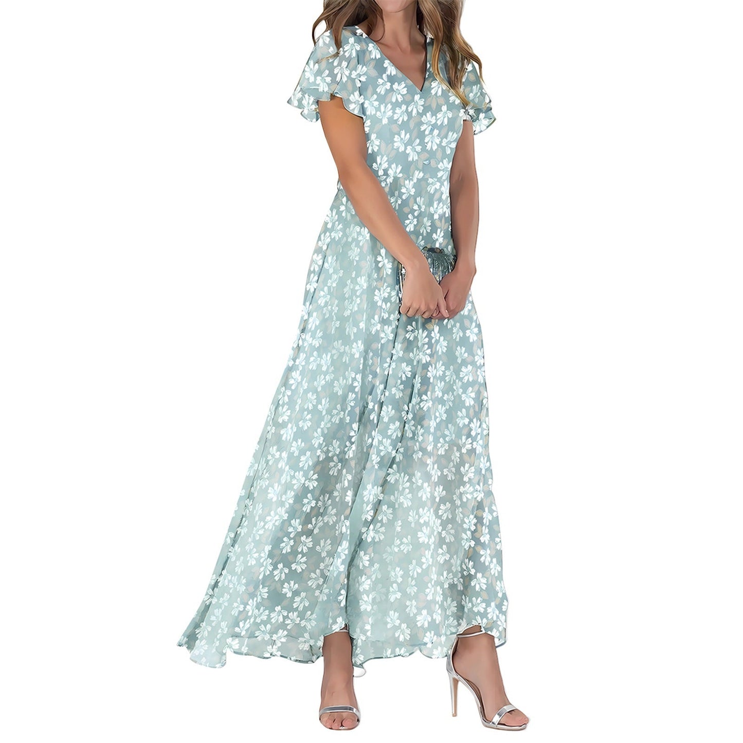 Women's long dress – Fluid cut – V-neck – Ruffled sleeves – Soft floral fabric
