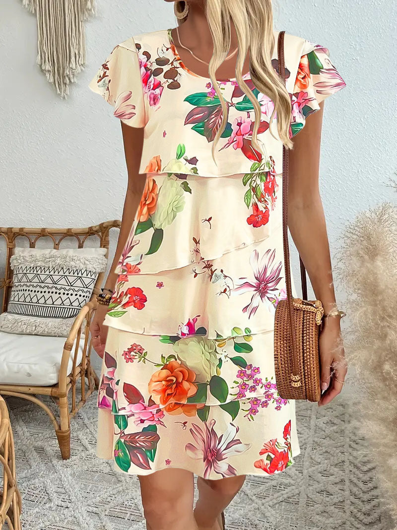 Women's midi dress – Loose fit – Flounced sleeves – Printed – Casual style