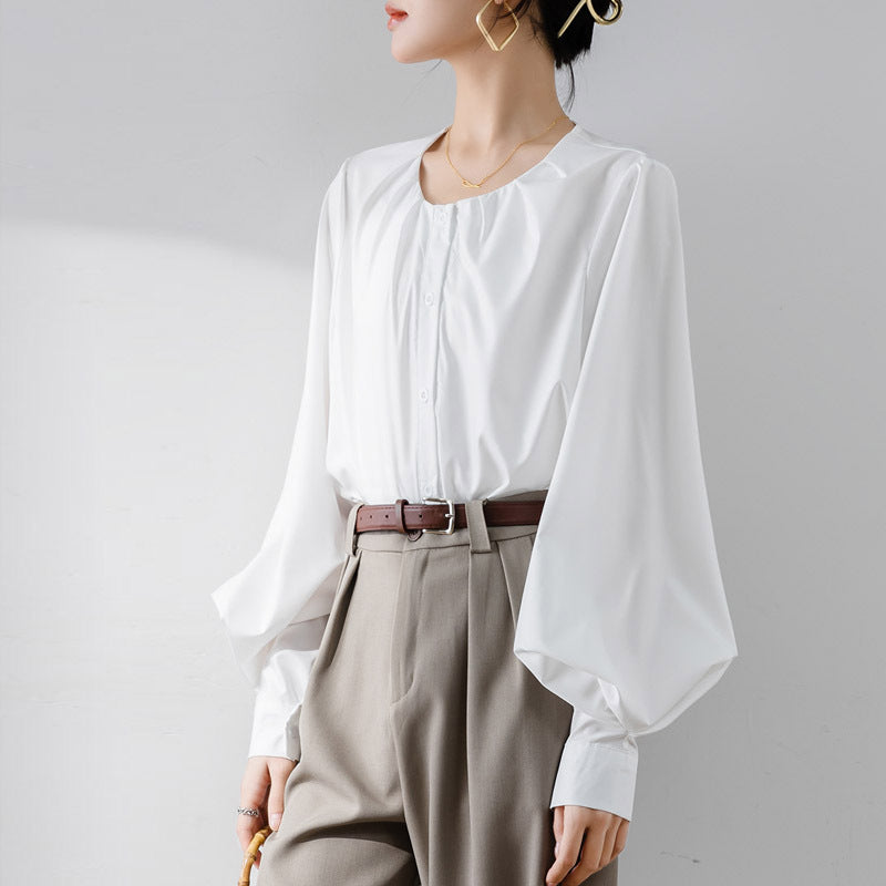 Blouse femme – Coupe ample – Manches lanterne – Col rond – Tissu fluide élégant