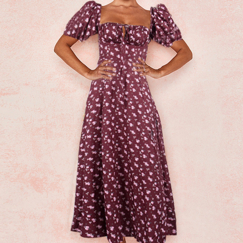 Robe midi femme – Coupe ajustée – Manches bouffantes – Encolure carrée – Fente élégante
