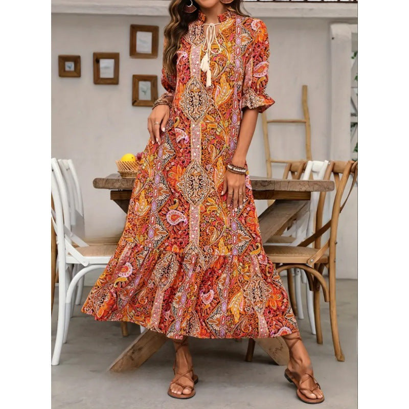 Women's midi dress – Relaxed fit – Ruffles – Bohemian print – Tie-neck