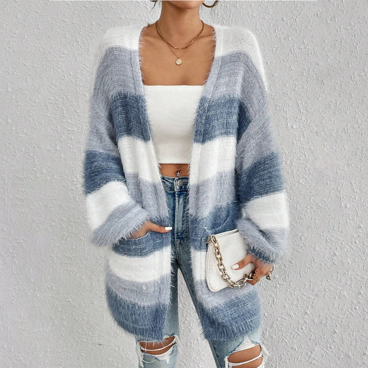 Gilet en maille femme – Coupe oversize – Manches longues – Ouverture frontale rayée