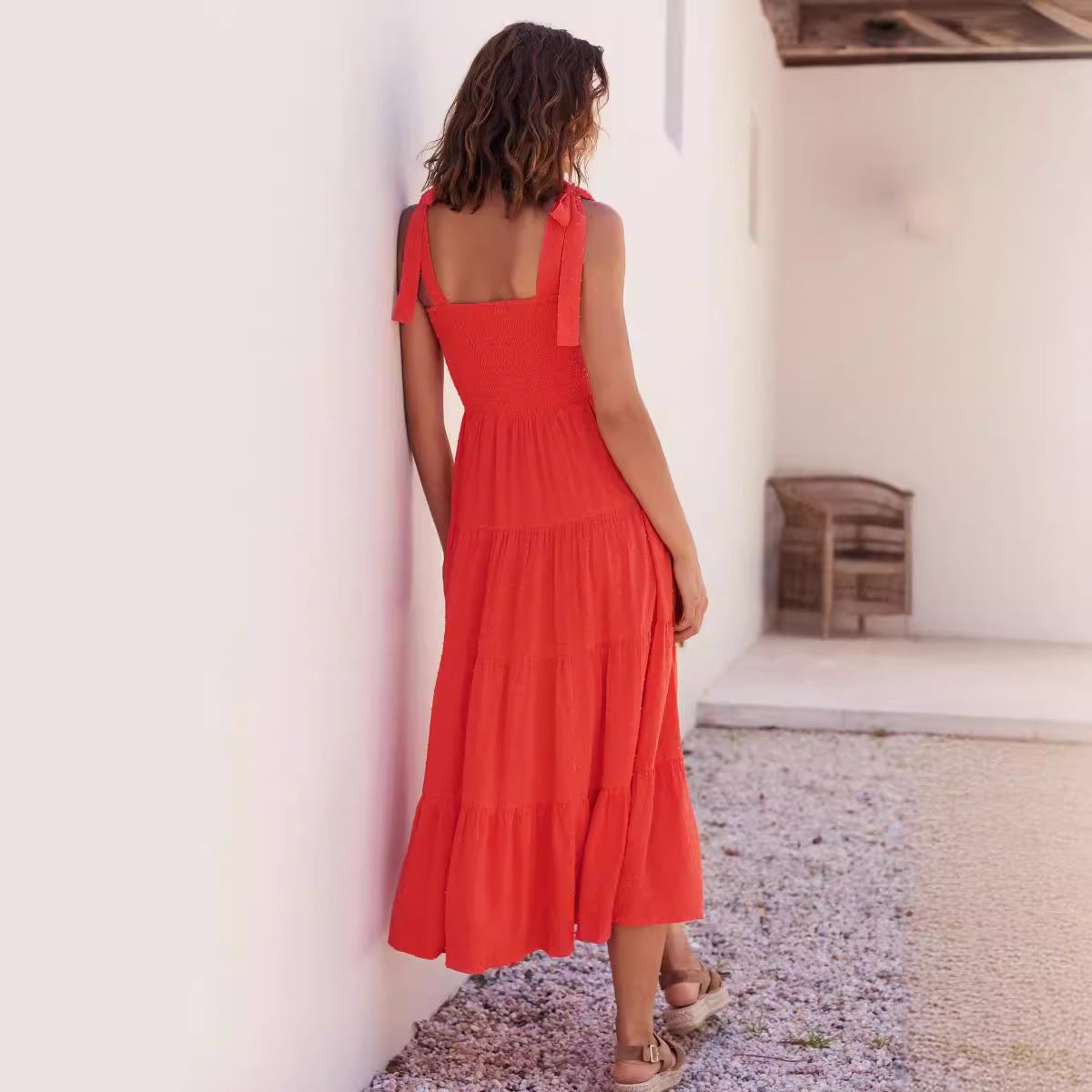Women's midi dress – Tie straps – Smocked bodice – Flared skirt with ruffles