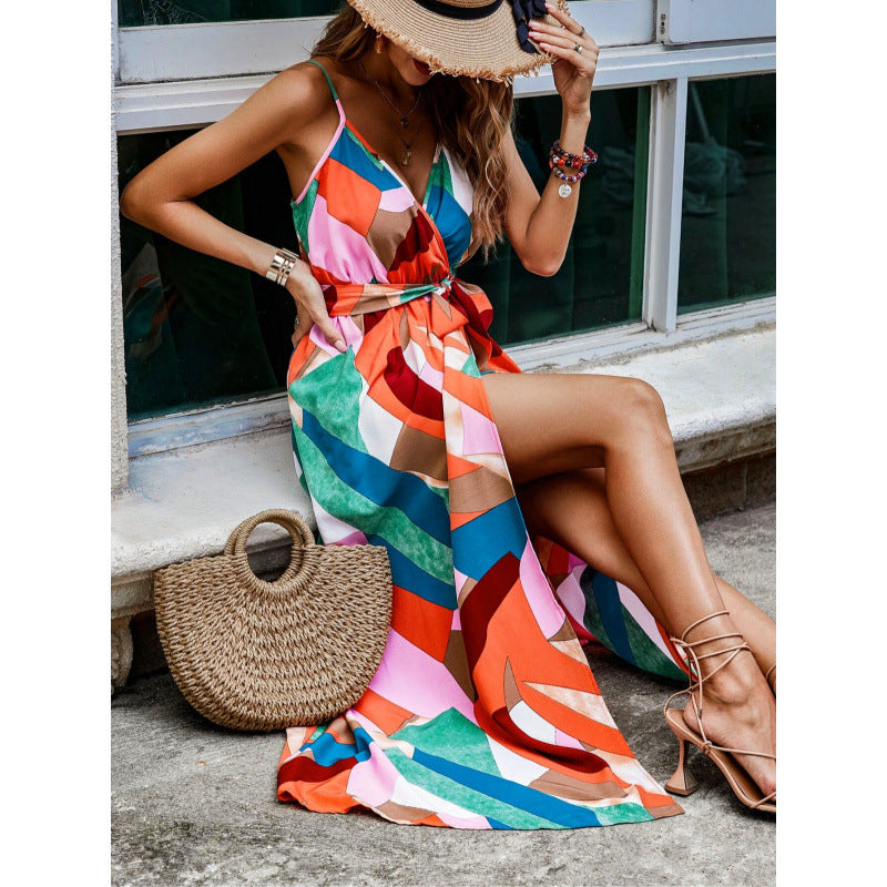 Robe longue femme – Décolleté plongeant – Sans manches – Fente latérale – Coupe fluide