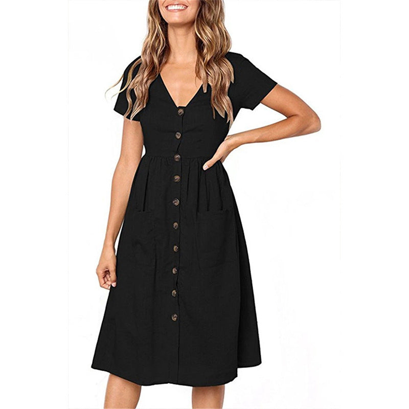 Women's flared dress – Buttoned front – Short sleeves – Breathable fabric – Midi length