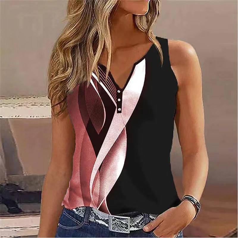 Women's sleeveless top – V Neck – Flowy cut – Decorative buttons – Breathable fabric