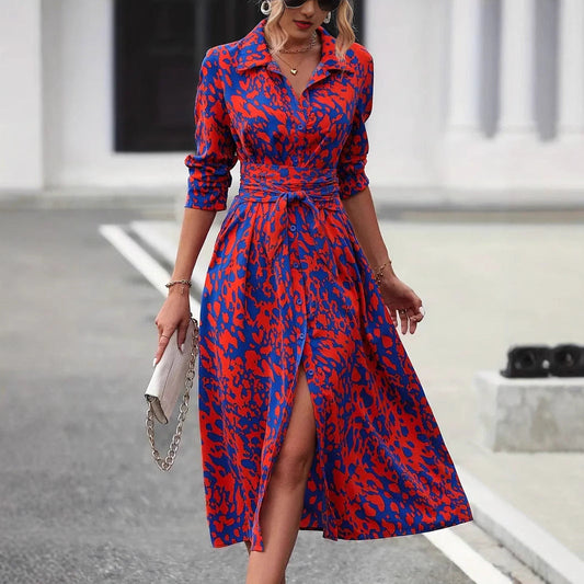 Women's flared dress – Buttoned – Long sleeves – Waist belt – Breathable fabric
